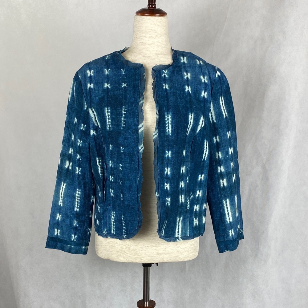NWT Anthropologie Blue Ikat Cropped Open Blazer - Size L